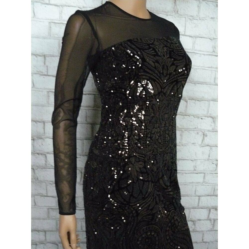 Betsy & Adam Black Velvet Bronze Sequin Long Sleeve Fitted Gown 4 NEW - Picture 7 of 12